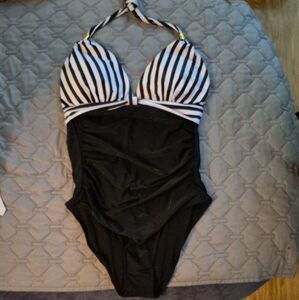 NEW- Striped Black and White One Piece Swimsuit